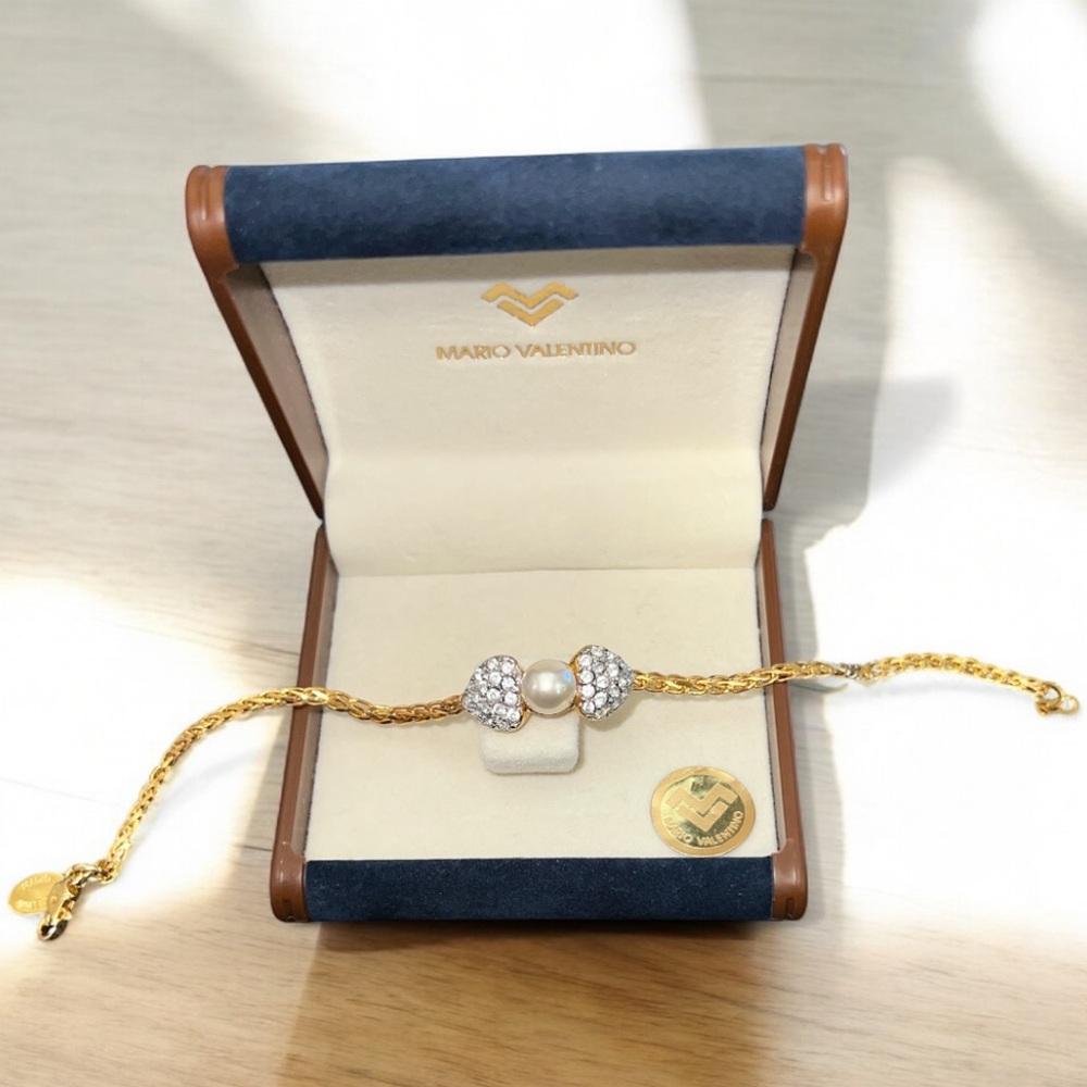 AUTHENTIC RARE VINTAGE MARIO VALENTINO Gold Bracelet with Pearl Crystal Accents